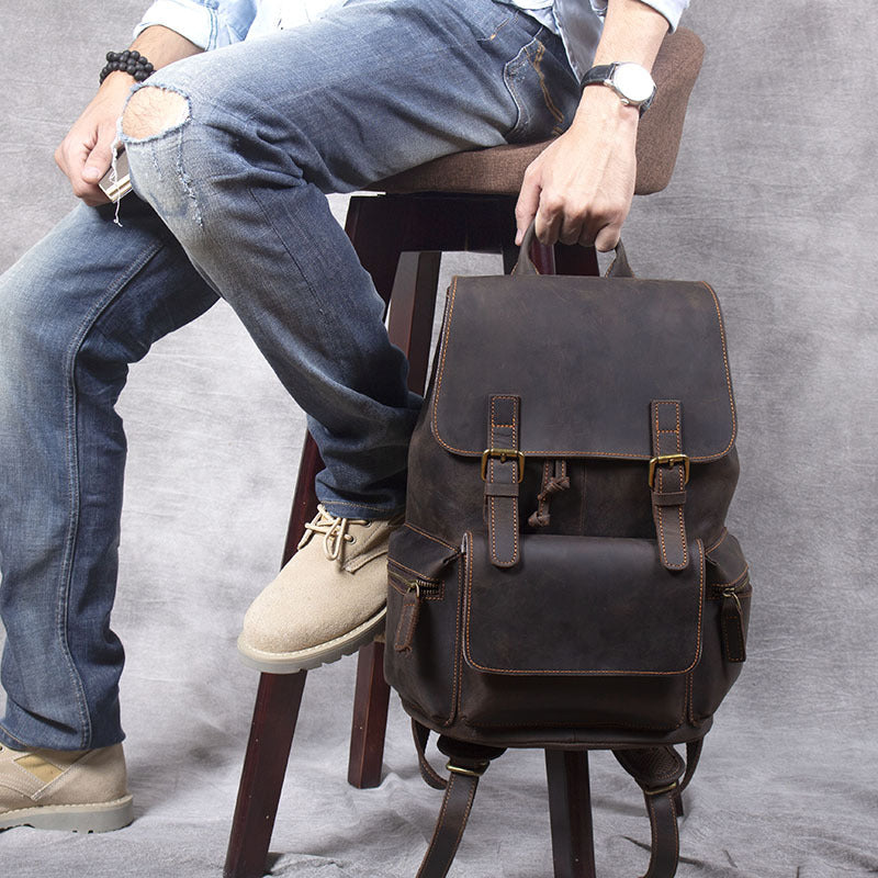 Retro Crazy Horse First Layer Cowhide Leather Backpack