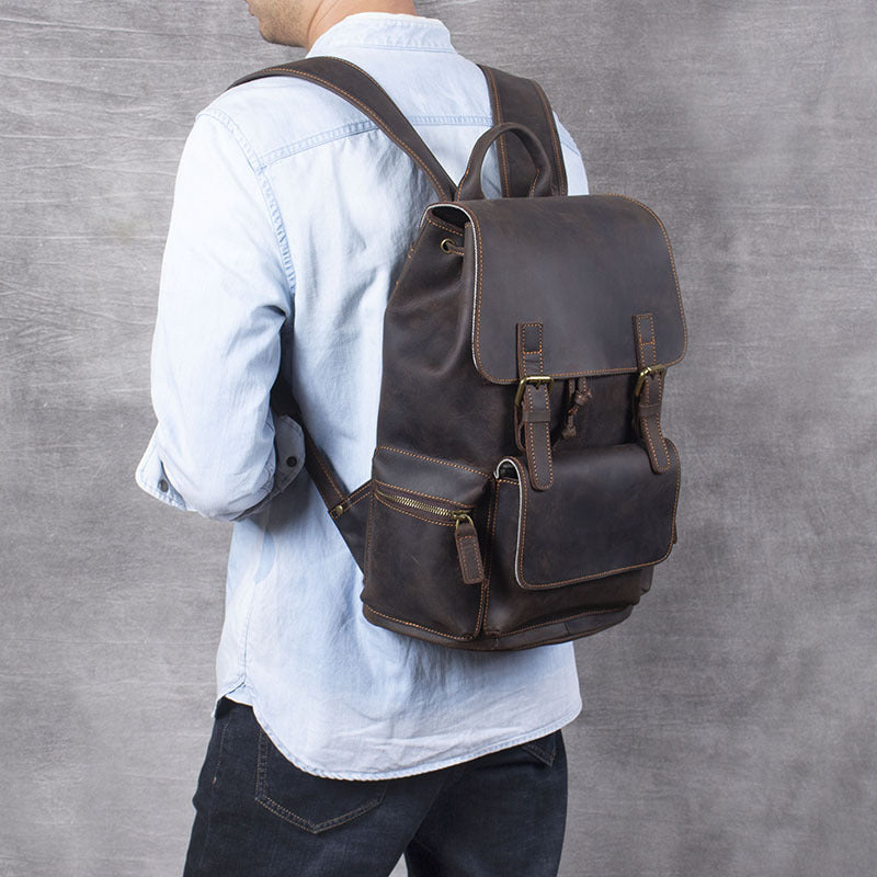 Retro Crazy Horse First Layer Cowhide Leather Backpack