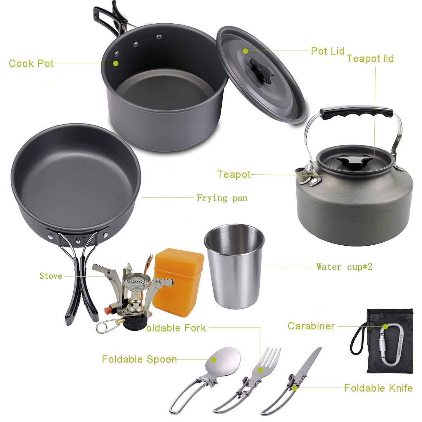 Complete Camping Kitchen Kit Stove + 8 Aluminum Utensils
