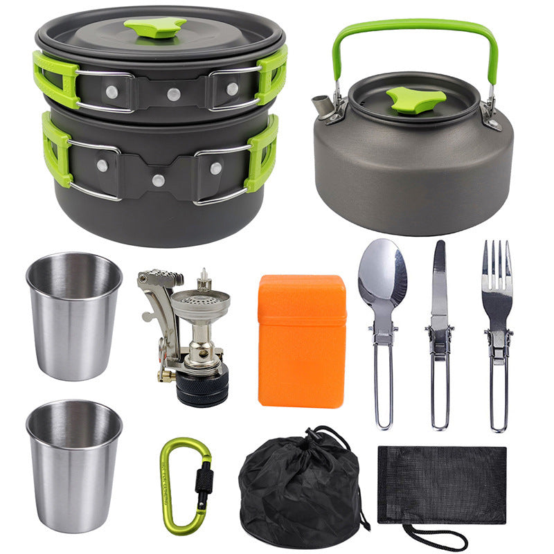 Complete Camping Kitchen Kit Stove + 8 Aluminum Utensils