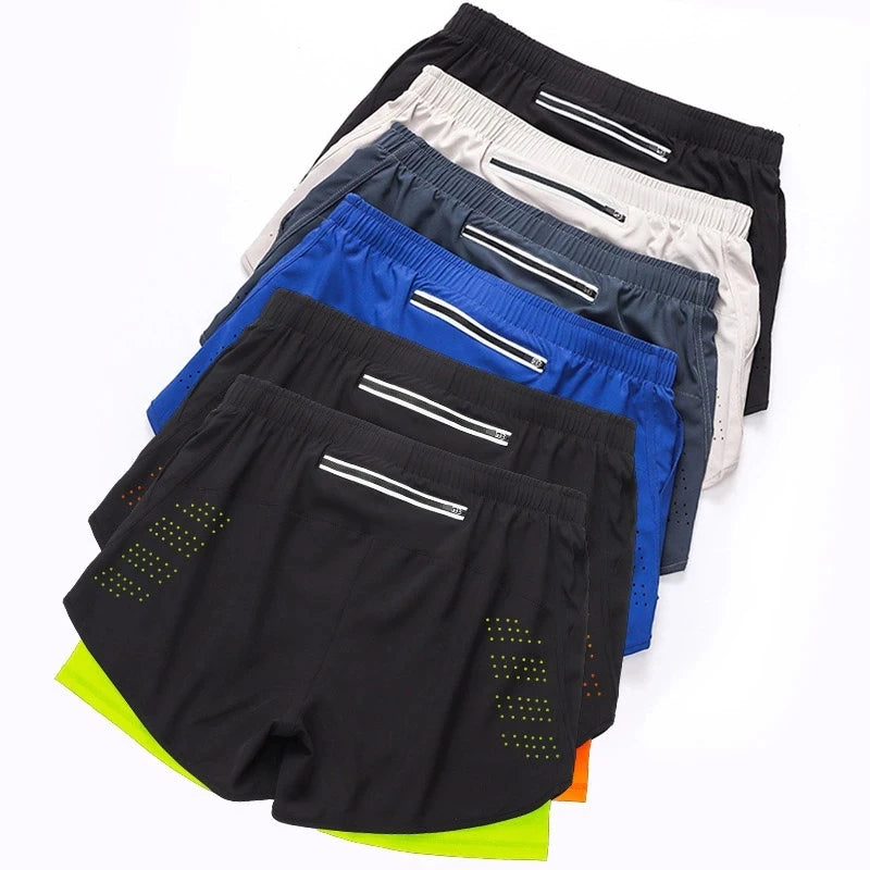 Men's Double Layer Fitness Shorts - Quick Dry Running Sport Black