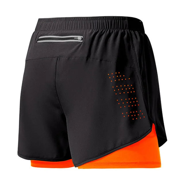 Men's Double Layer Fitness Shorts - Quick Dry Running Sport Black