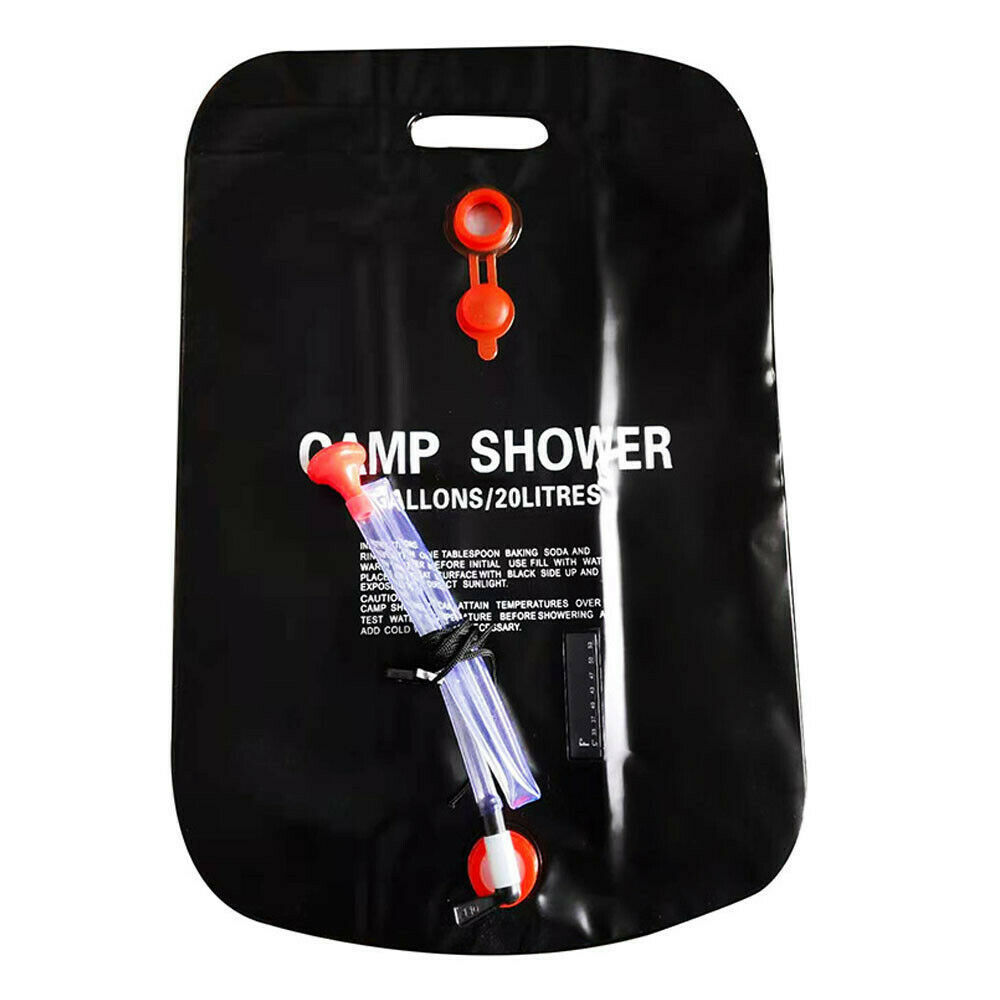 Ducha portátil compacta de 20 l para camping con calentador solar y bolsa de baño para viajes al aire libre.