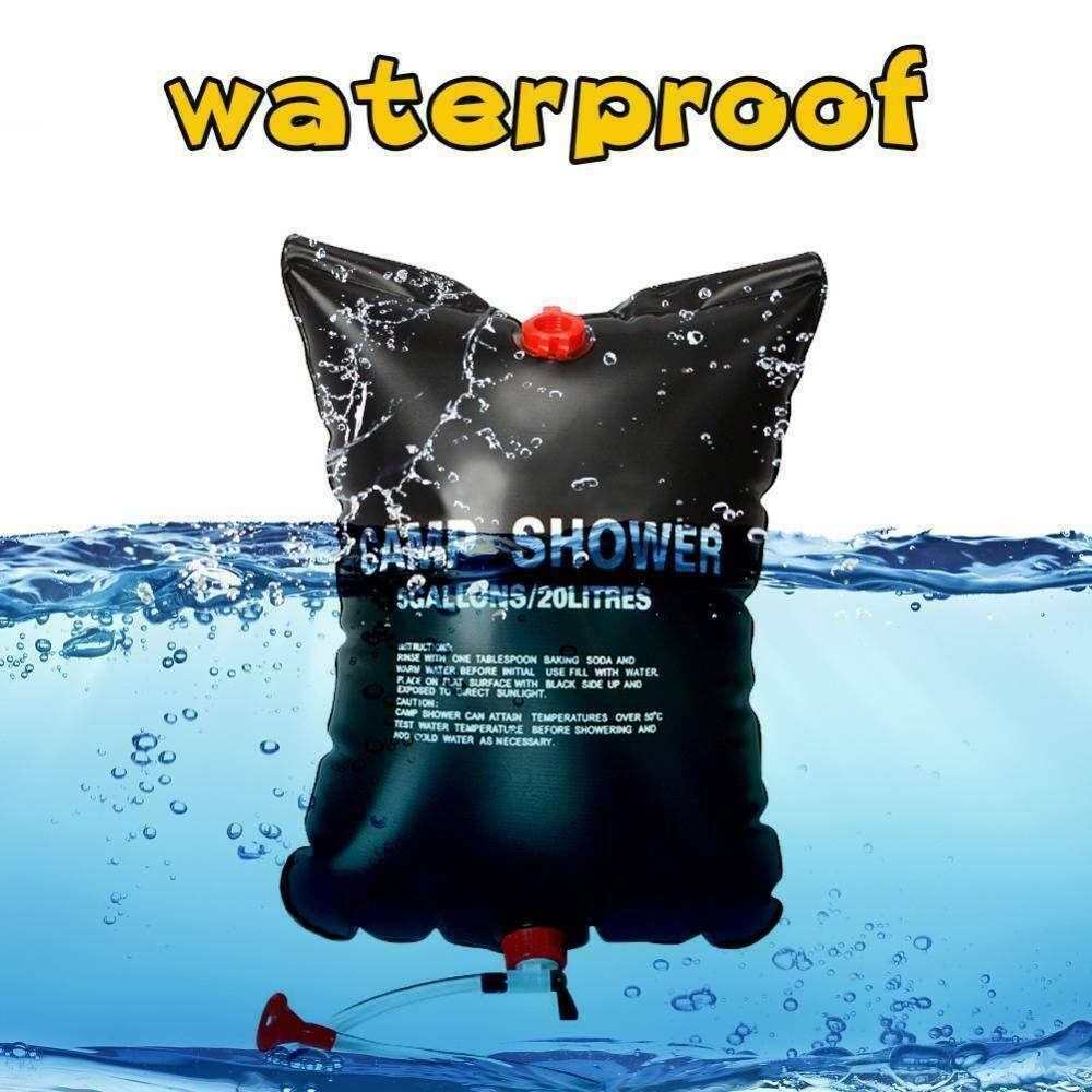 Ducha portátil compacta de 20 l para camping con calentador solar y bolsa de baño para viajes al aire libre.