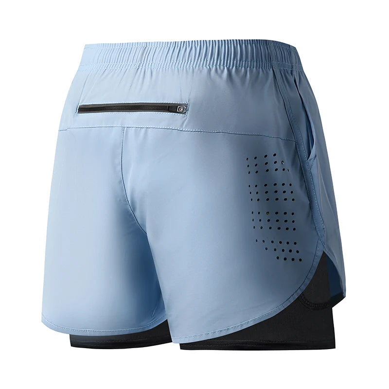 Men's Double Layer Fitness Shorts - Quick Dry Running Sport Black
