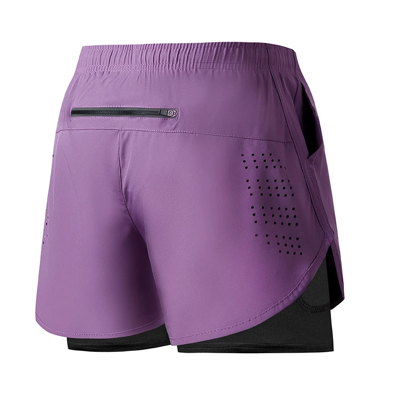 Men's Double Layer Fitness Shorts - Quick Dry Running Sport Black