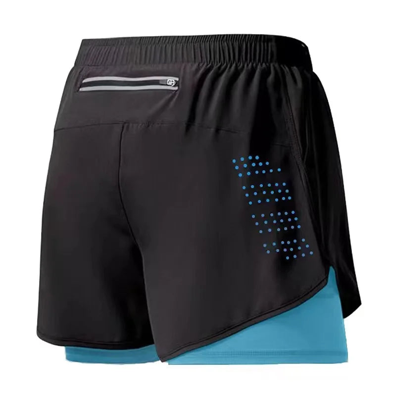 Men's Double Layer Fitness Shorts - Quick Dry Running Sport Black