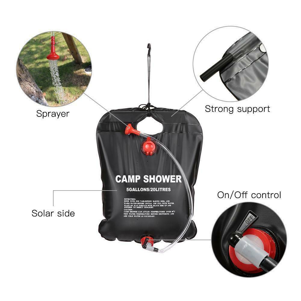 Ducha portátil compacta de 20 l para camping con calentador solar y bolsa de baño para viajes al aire libre.