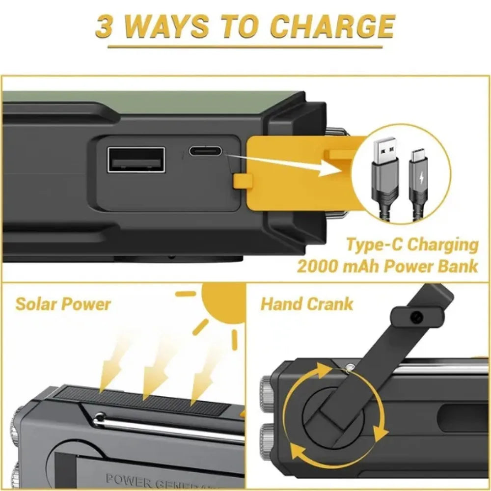 Emergency Weather Radio FM AM WB - Solar Hand Crank 2000mAh LED