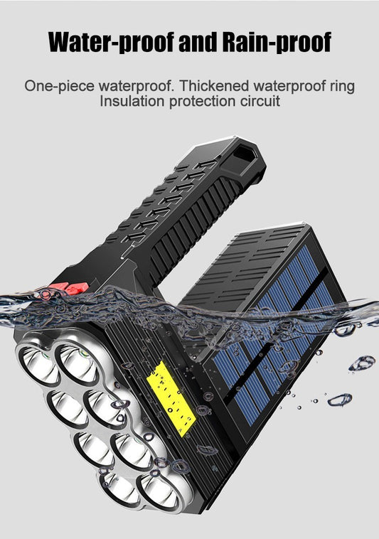 USB Rechargeable Solar LED Flashlight - 8 Heads + COB Lighting