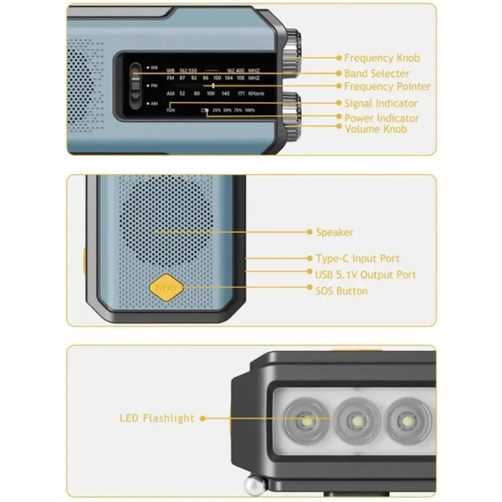 Emergency Weather Radio FM AM WB - Solar Hand Crank 2000mAh LED