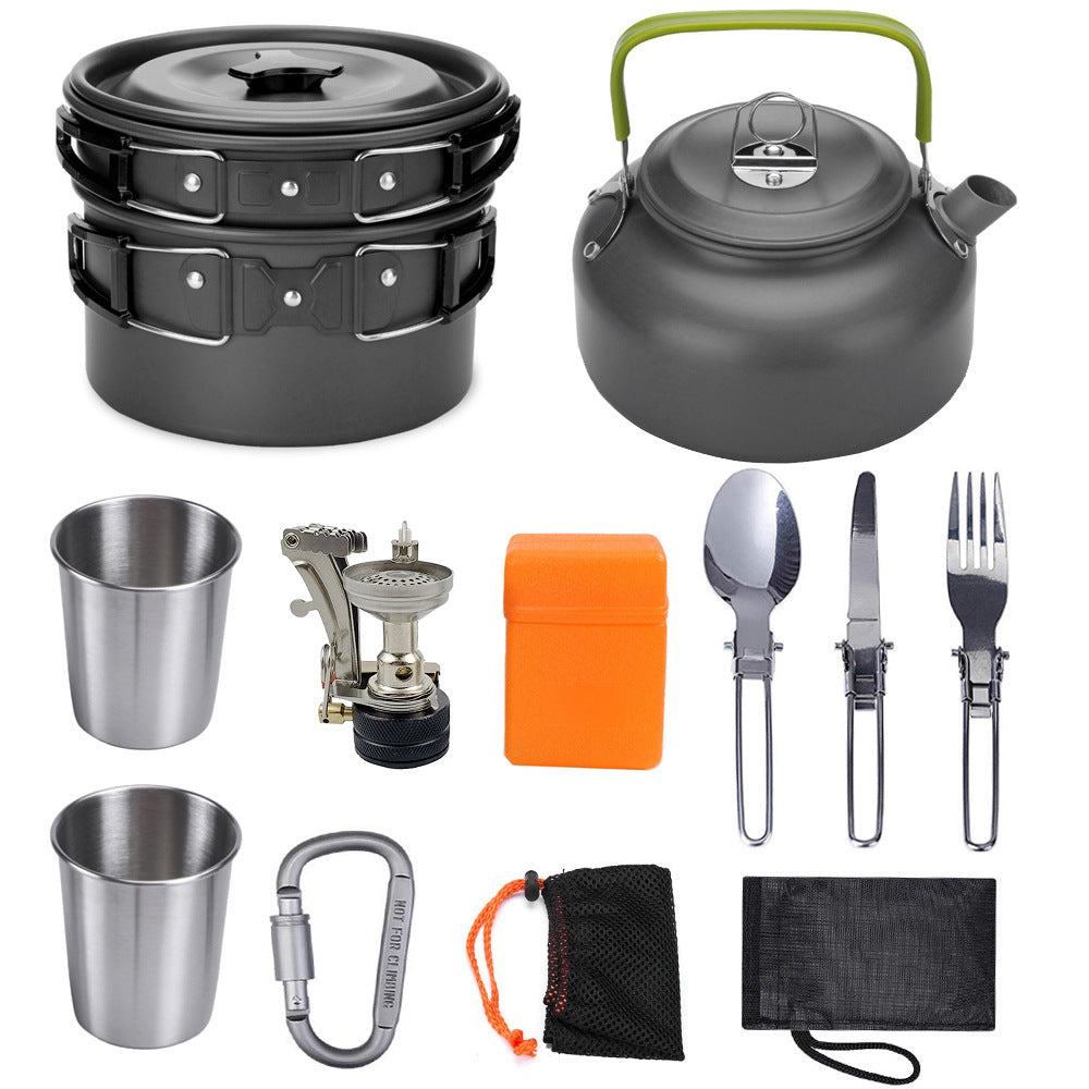 10 Piece Non-Stick Aluminum Camping Cookware Kit - Complete Set for 2-3 People