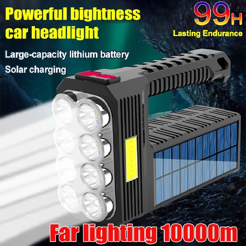 USB Rechargeable Solar LED Flashlight - 8 Heads + COB Lighting
