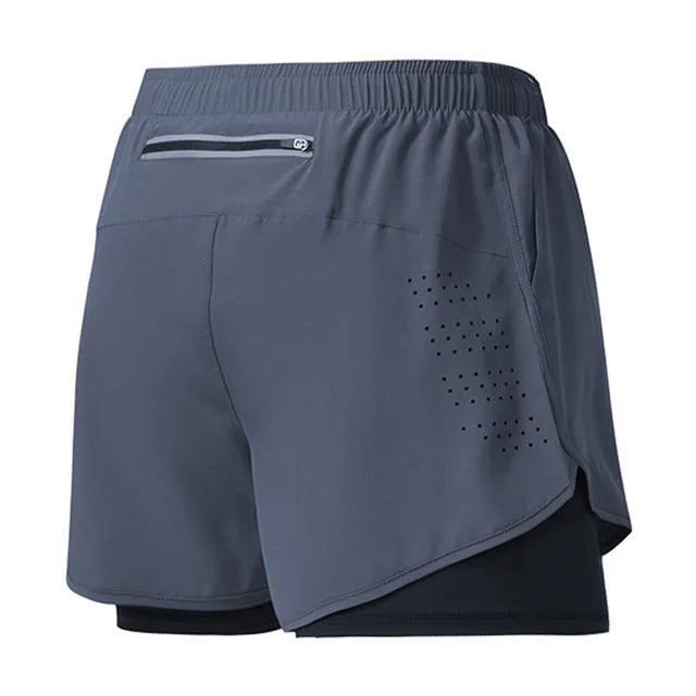 Men's Double Layer Fitness Shorts - Quick Dry Running Sport Black