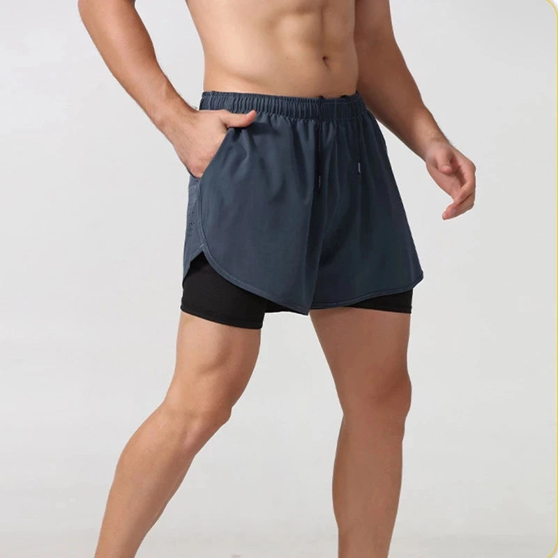 Men's Double Layer Fitness Shorts - Quick Dry Running Sport Black