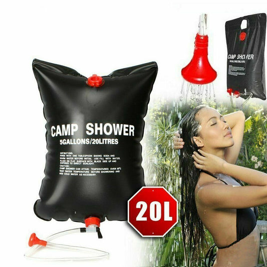 Ducha portátil compacta de 20 l para camping con calentador solar y bolsa de baño para viajes al aire libre.