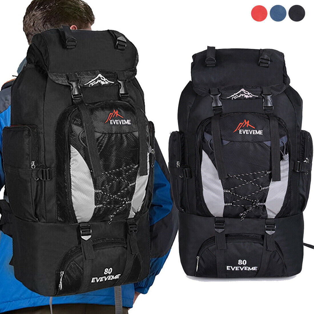 Extra Large 80L Waterproof Hiking Backpack Black