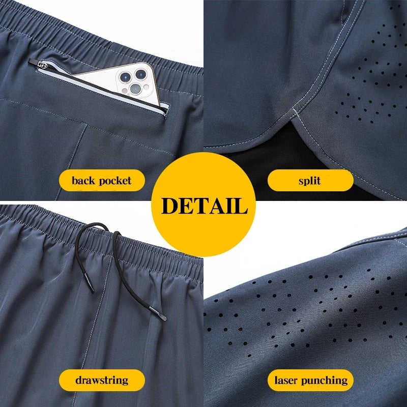 Men's Double Layer Fitness Shorts - Quick Dry Running Sport Black