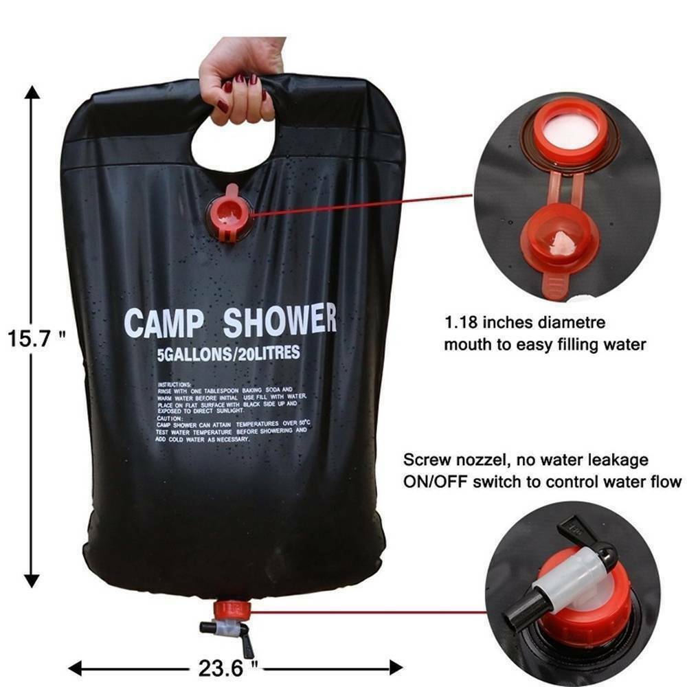 Douche de camping portable compacte de 20 L avec chauffage solaire et sac de bain pour voyage en plein air