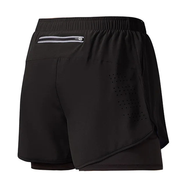 Men's Double Layer Fitness Shorts - Quick Dry Running Sport Black