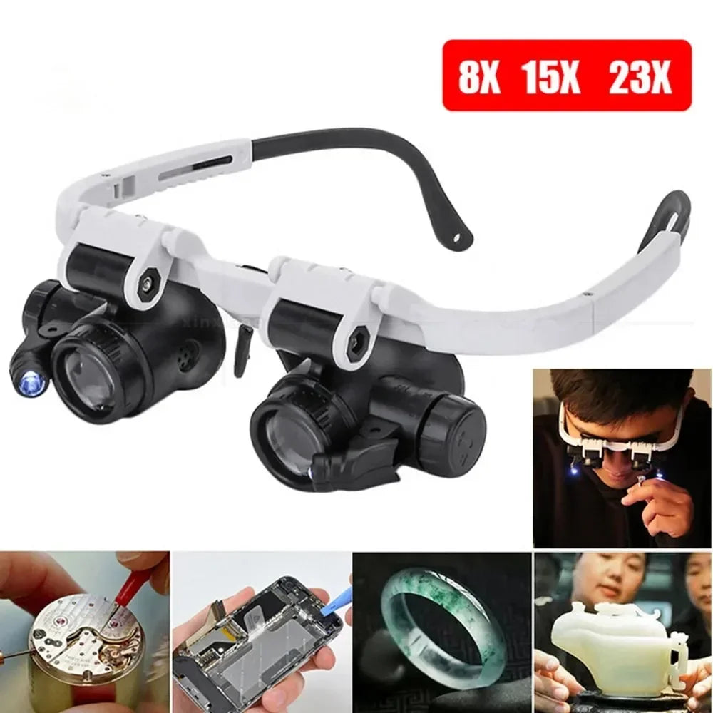 Magnifying Glass 8X/15X/23X Jeweler Watchmaker with LED Light Telescopic Headband Magnifier Glasses Reading Loupes Eyewear 