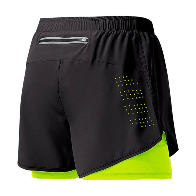 Men's Double Layer Fitness Shorts - Quick Dry Running Sport Black