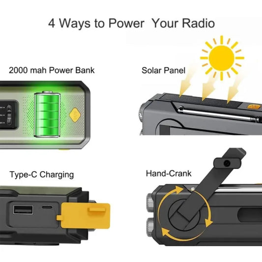 Emergency Weather Radio FM AM WB - Solar Hand Crank 2000mAh LED