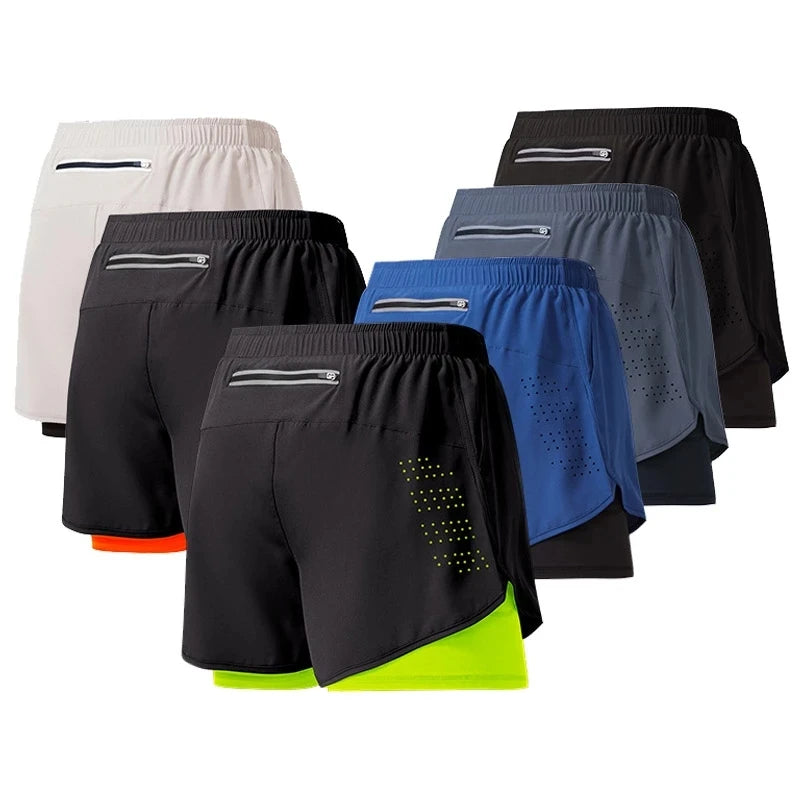 Men's Double Layer Fitness Shorts - Quick Dry Running Sport Black