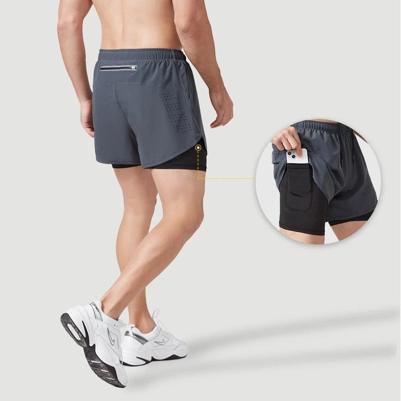 Men's Double Layer Fitness Shorts - Quick Dry Running Sport Black