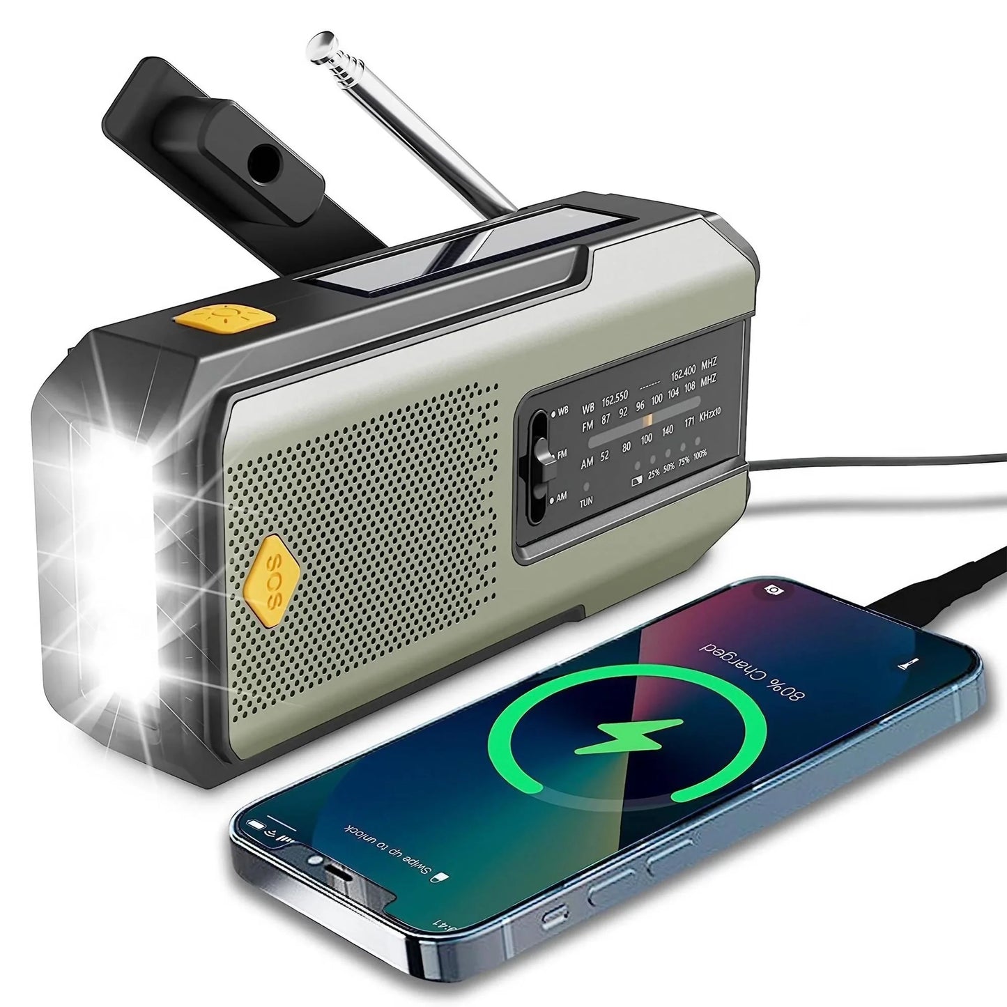 Emergency Weather Radio FM AM WB - Solar Hand Crank 2000mAh LED