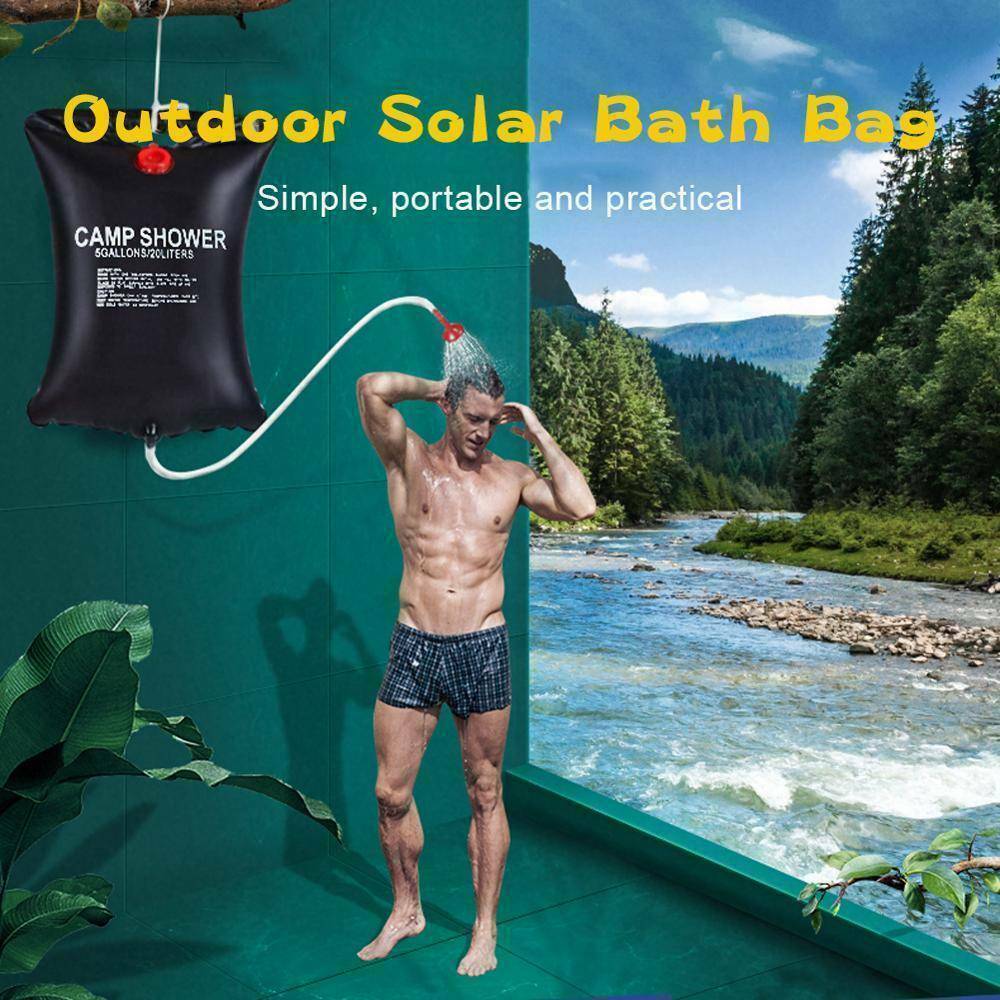Douche de camping portable compacte de 20 L avec chauffage solaire et sac de bain pour voyage en plein air